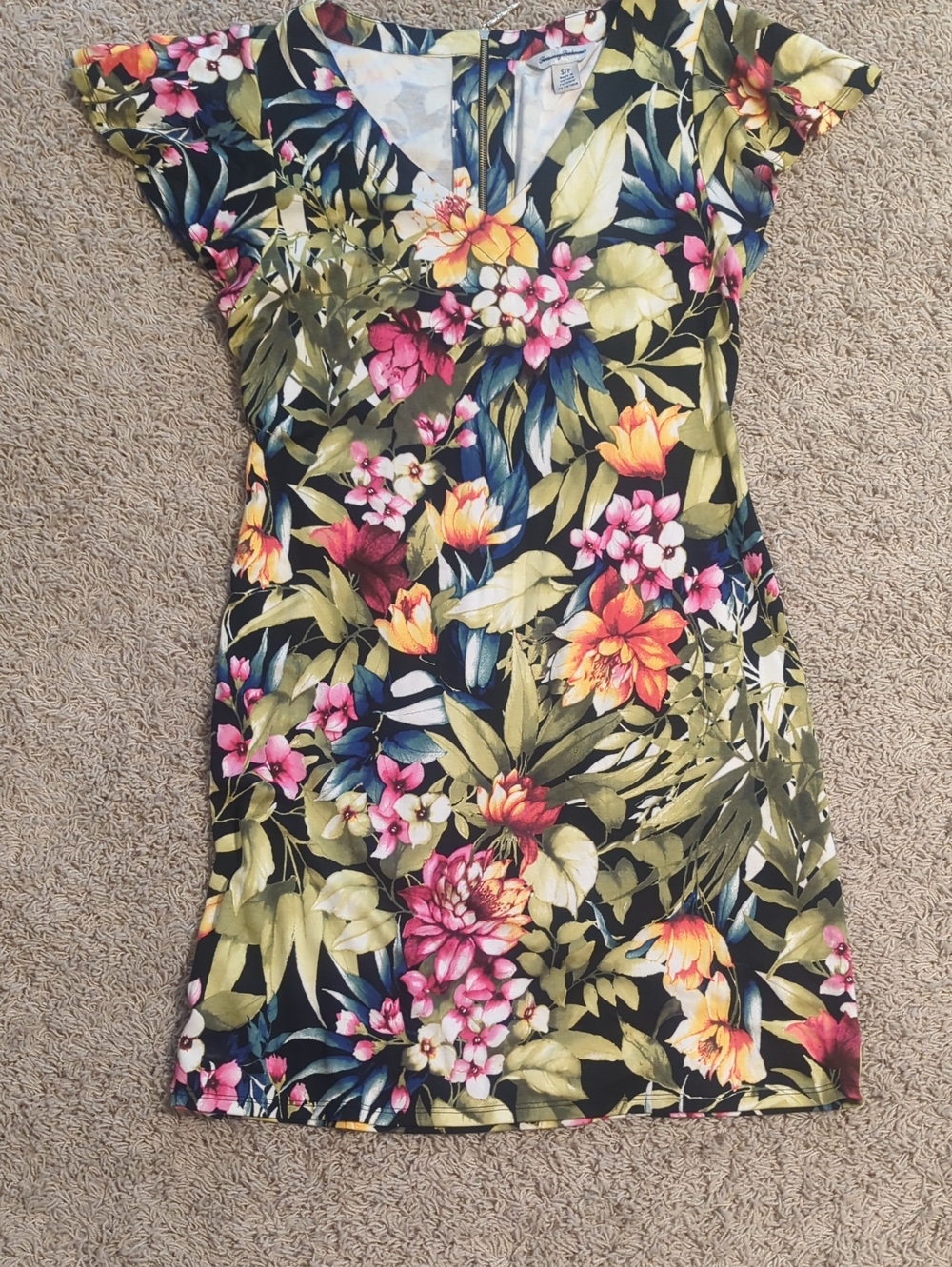 Floral V-Neck Short Sleeve Dress - Black Pink & Yellow ORANGE GREEN NEW SMALL
